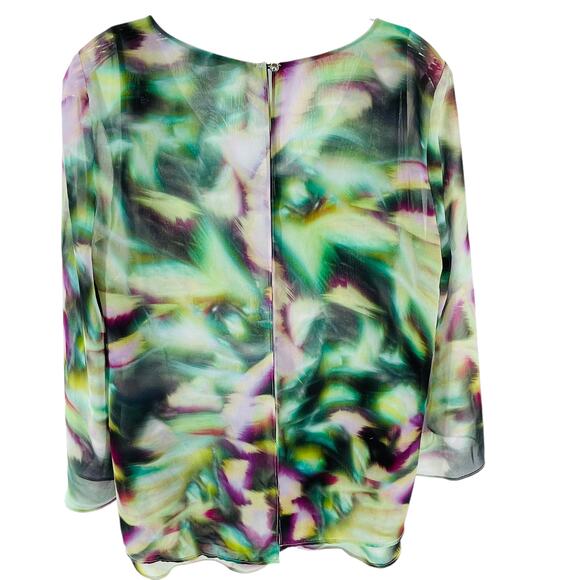 Jennifer Lopez Green Purple Psychedelic Print Layered Chiffon Bell Sleeve Top M - Picture 2 of 11